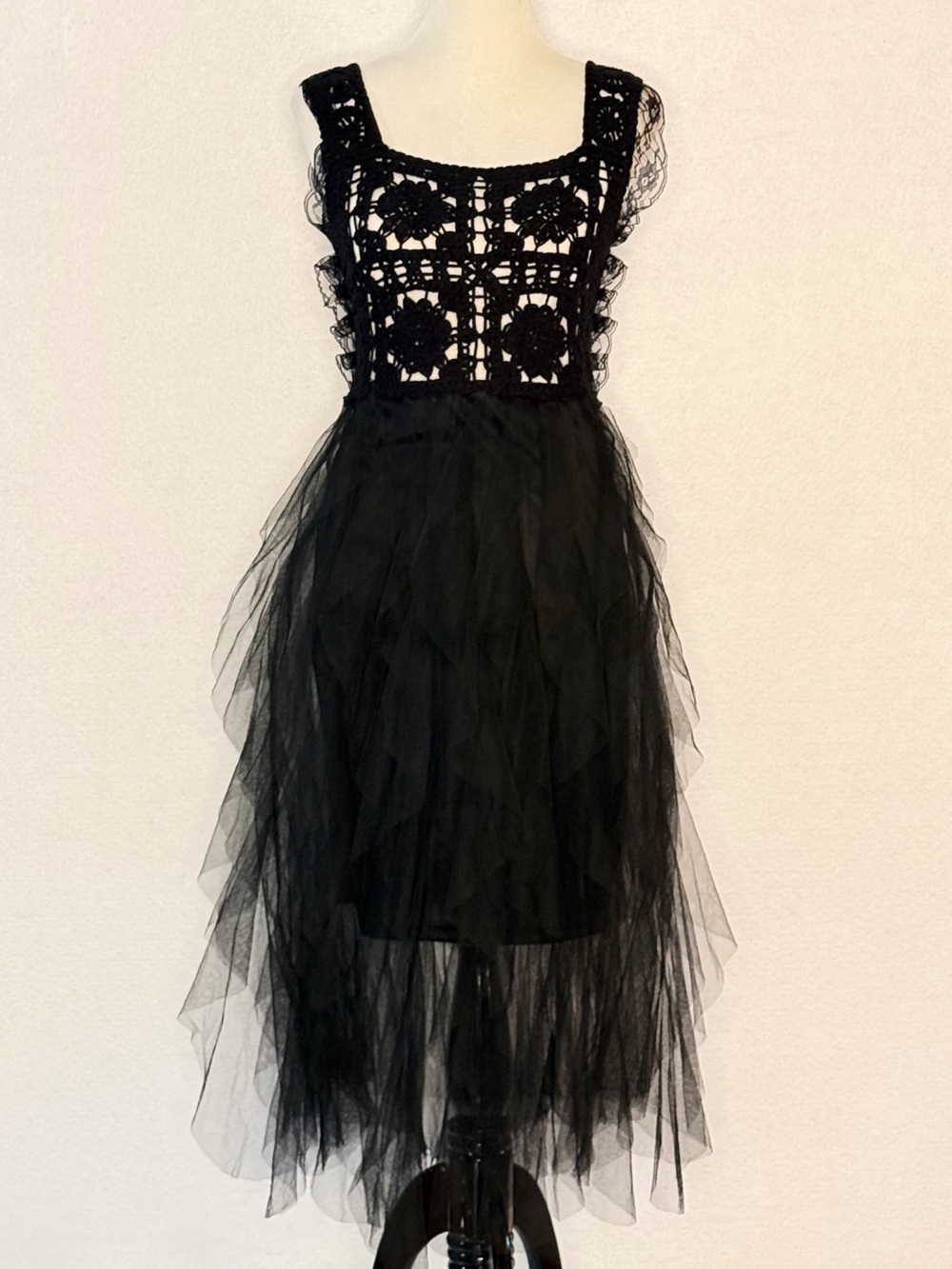 POL One Black Crochet Lace Tulle High Low Dress Boho Fairycore Romantic Gothic - Picture 7 of 12